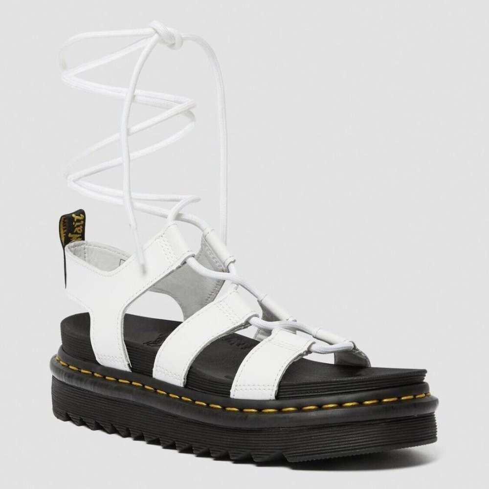 DR. MARTENS Nartilla White Leather Platform Sandals Gladiator Womens Size 8